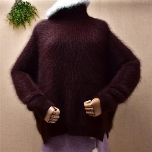 Female women winter thick warm hairy mink cashmere knitted loose plus size turtleneck pullover angora rabbit fur jumper sweater
