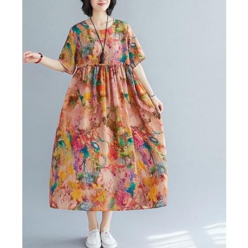 Women Cotton Linen Casual Dress New 2021 Summer Vintage Style O-neck Floral Print Loose Ladies Holiday Long Dresses S3269