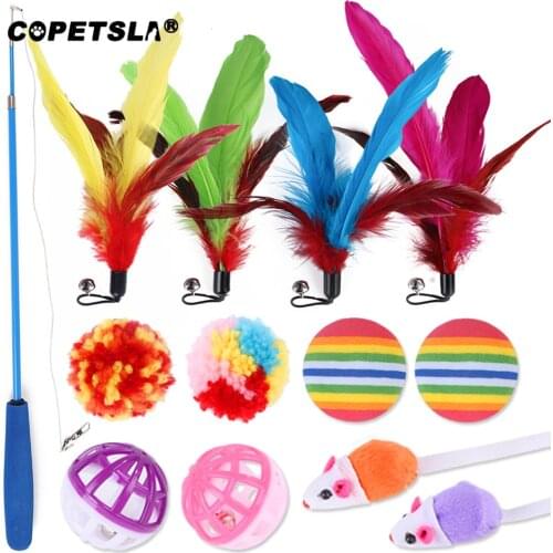 2021 New 13PCS Cat Toy Teaser Bell Feather Stretch Fishing Rod Play Wand Interactive Toys Pets Accessories Replacement Heads Set