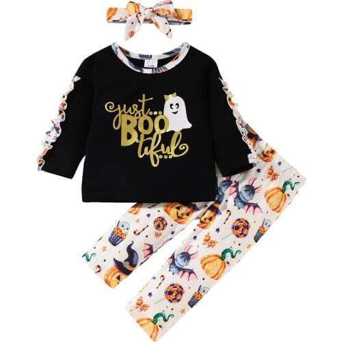 3Pcs Kids Halloween Tracksuit, Round-Neck Long Sleeves T-Shirt + Cartoon Print Pants + Hairband for Girls, 0-24 Months