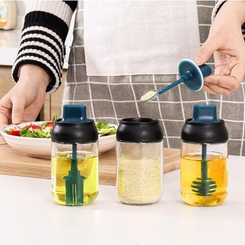 3PCS/Set Glass Seasoning Container Oil Honey Dispenser Bottle With Spoon Brush Honey Rod Multifunctional Seasoning Storage 2020