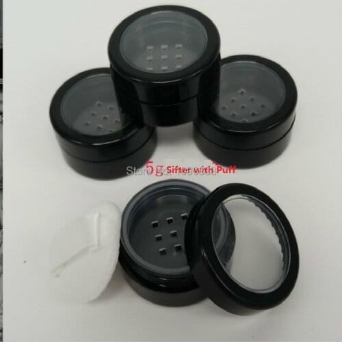5G Black Loose Powder Container Empty Plastic Cream Jar 10G DIY Cosmetic Sifter Box with Puff Packaging Case 80pcs/lot