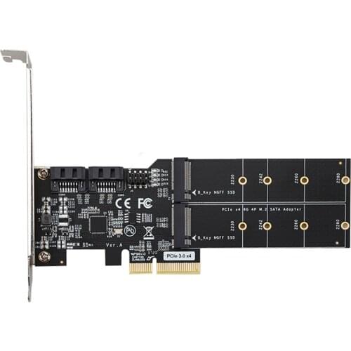 DIEWU PCIE 3.0 X4 Channel to 2-port M.2 (B-KEY) & 2-port SATA3.0 Adapter Card ASM1164 Chip 6Gbps for 2230 2242 2260 2280 SSD