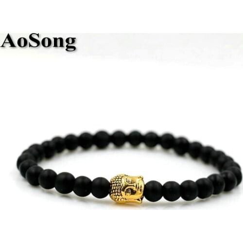 BPPCCR Natural 6mm Matte black stone with Buddha Head Chakra Yoga Bracelet for Men women Lovers Energy Strand pulseras