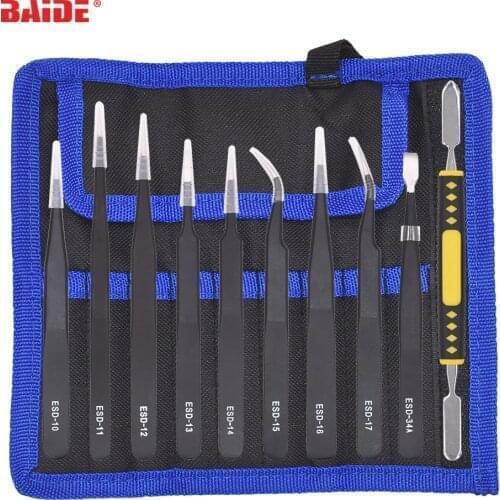 Black ESD Antistatic Stainless with Canvas Bag 9 in 1 Tweezers Kit Tweezers Set for Smartphone Toy Electrical Repair Hand Tools