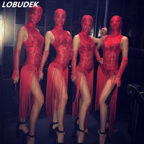 Women Nightclub Pole Dancing Costume Sexy Bar DJ DS Stage Wear Red Lace See-through Dress Perspective Performance Tassels Dress
