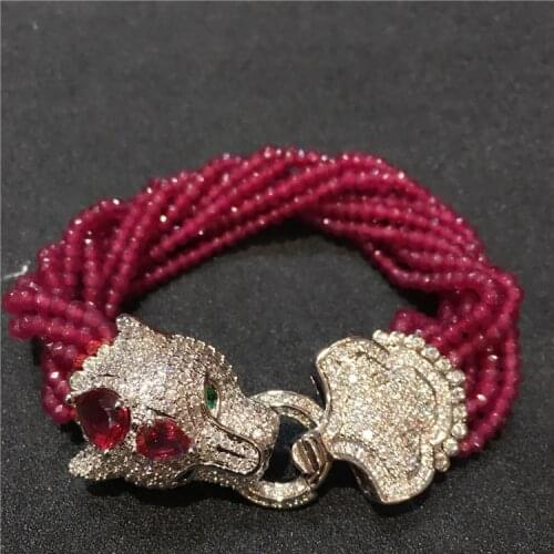 Purple jade leopard head micro inlay zircon claspmulti-rows bracelet