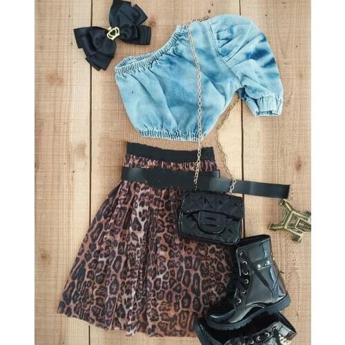 FOCUSNORM 2-7Y Fashion Kids Girls Clothes Sets 2pcs Denim Long Sleeve One Shoulder Tops Leopard A-Line Skirts