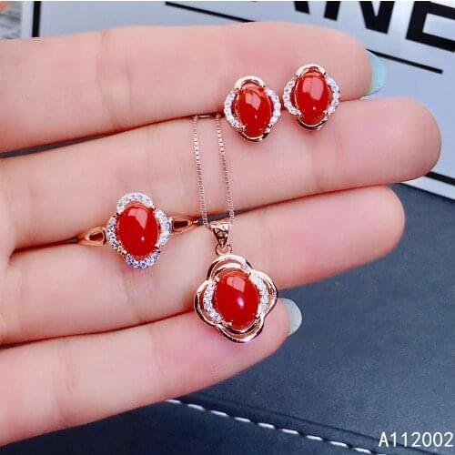 KJJEAXCMY fine jewelry natural red coral 925 sterling silver new women pendant earrings ring set support test luxury classic