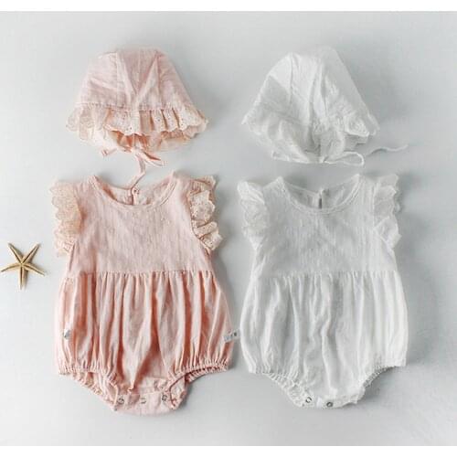 Newborns Two Piece Set Toddlers Fly Sleeve Romper Flower Embroidery Pattern Jumpsuit Hat for Infants