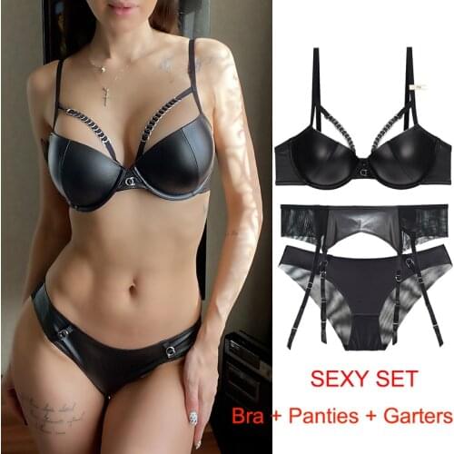 Fashion Black Cortex Brassiere Thick Women Underwear Set 3 Piece Bra+Panties+Garter Brand Lingerie B C D Cup Sexy Bras Push Up