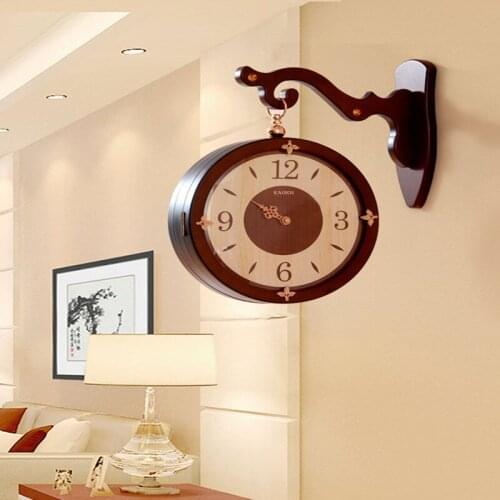New Chinese style solid wood double-sided wall clock living room two-sided household retro quartz clock