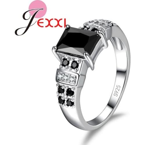 New 925 Sterling Silver Rings Vintage Statement Men Women Party Finger Rings Hot Sale Black CZ Crystal Princess