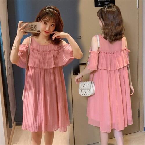 Maternity Dresses Pregnancy Clothes Pink Pleated Expandable Chiffon Women Clothing Short-Sleeve Korean Maternity Clothes Dress