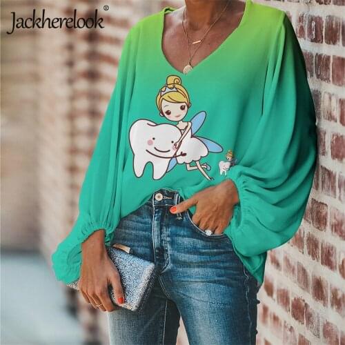 Jackherelook Lovely Cartoon Teeth Fairy Dental/Dentist Shirts for Women Girls Blouses Plus Size Tops V-neck Harajuku Clothing