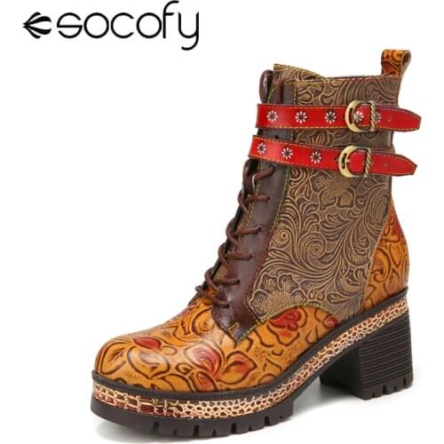 SOCOFY Vintage Womens Shoes Floral Embossed Genuine Leather Double Buckle Warm Lining Casual Platform Chunky Heel Short Boots