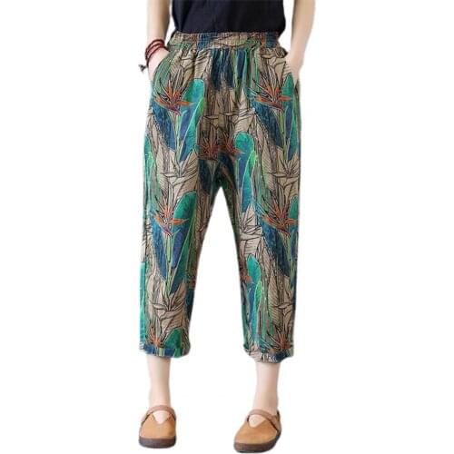 Cropped pants women high waist 2021 Vintage Pattern Skin Friendly Ethnic Women Ninth-length Pants for Dating Street wear