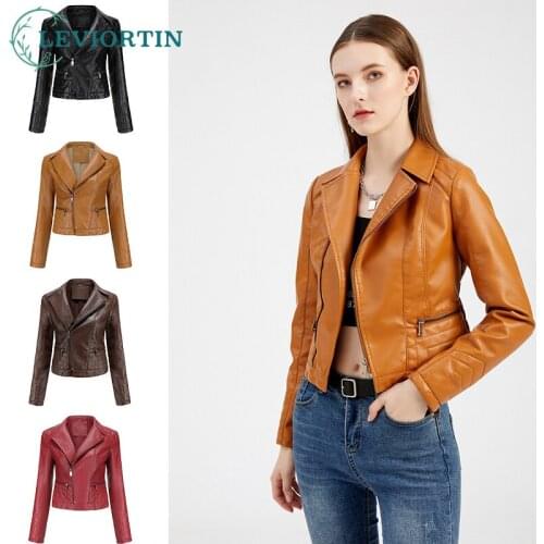 2021 Spring Autumn Women PU leather Jackets Turn-down Collar Slim Short Styled Solid Zippers Pockets Casual Women Leather Coat