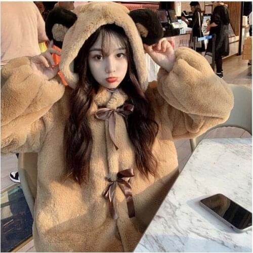 Hooded Ears Cute Fashion Short Faux Fur Coat Female Style Loose Long Sleeve Casual Outerwear Open Stitch Fleece Jackets TA9