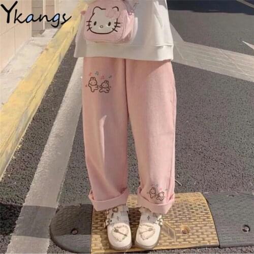 Womens Casual Baggy Cartoon Korean Fashion Corduroy Pants Harajuku Streetwear Kawaii Pink High Waist Leg Sweat Trousers Female
