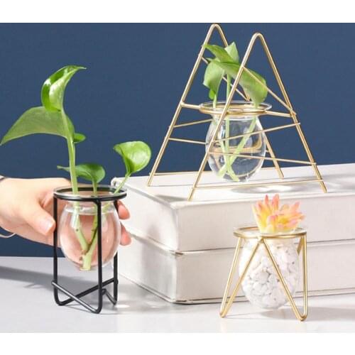 1pc Gold Iron Line Flower Rack Vase Hydroponic Container Black Glass Ornament Table Decoration Green Dill Plant Terrarium Home D