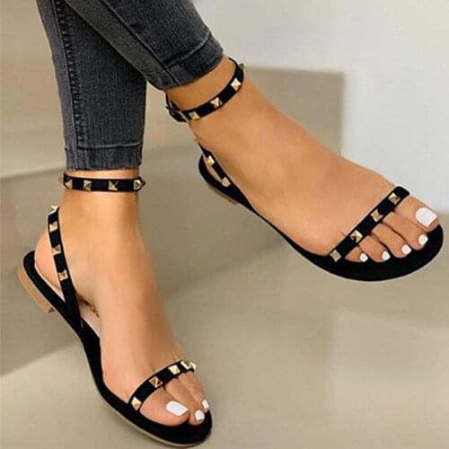 2021 Women Sandals Women Rivet Buckle Strap Flats Female Open Toe Sexy Beach Casual Shoes Womens Summer Footwear Plus Size