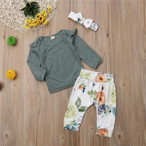 Newborn Toddler Baby Girl Clothes Flower print Pant Bow Headband Ruffle pullover long sleeve round neck solid Top 3pc kid Outfit
