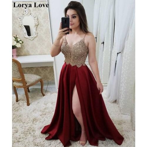 Burgundy Prom Dresses 2020 Red Elegant Women Formal Party Satin Sexy Split Vestidos Summer Beading Black Evening Dress Plus Size