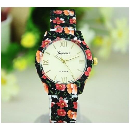 Gnova Platinum Metal Ceramic Geneva Style Printed Flowers Women Watch Band Analog Quartz wristwatch Vintage Black Dial