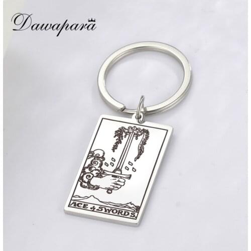 Dawapara The Suit of Swords Tarot Card Amulet Pendant Keyring Stainless Steel Golden Jewelry Key Chain Accessories