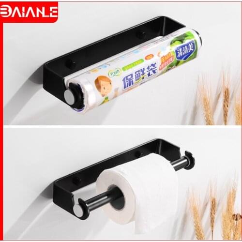 Toilet Paper Holder Black Kitchen Paper Holder Hanger Tissue Roll Towel Rack Wall Mounted Cabinet Plastic Wrap Holder Dispenser