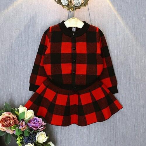 DFXD 2018 New Spring Toddler Girls Clothing Sets Cotton Long Sleeve Single-breasted Plaid Sweater Top+Knit Skirt 2pc Set 2-8Y