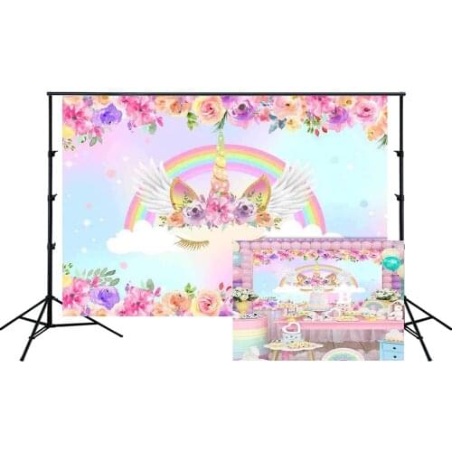 Unicorn Themed Backdrop Girl Princess Birthday Party Banner Rainbow Floral Photo Background Cake Table Scene Setter Wall Banners
