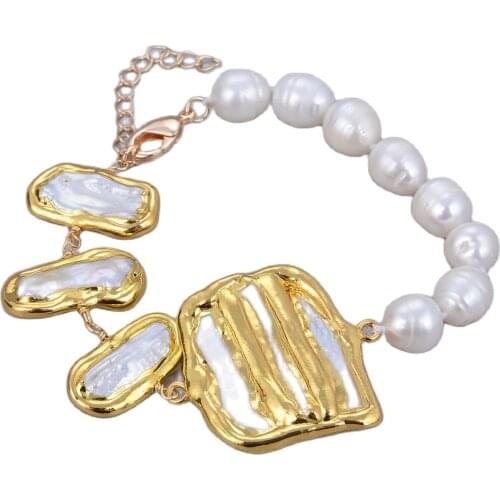 GG Jewelry Natural White Biwa Pearl Connector Cultured White Rice Pearl Gold Color Plated Chain Bracelet 8" Chain Clasp