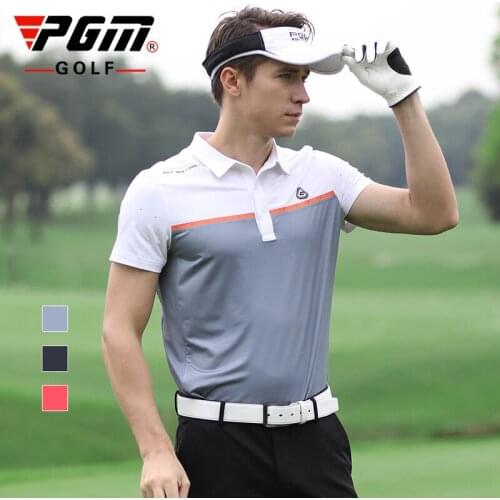 PGM Mens Summer Golf Shirts Quick Dry Breathable Men Short Sleeve T-Shirt Lapel Stitching Color Golf Training Sports Clothing