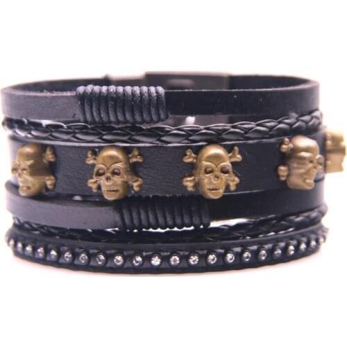 New Rivets Skull Shantou Men Leather Bracelet Simple Black Stainless Steel Buckle Neutral Accessories Hand-woven Jewelry Gifts