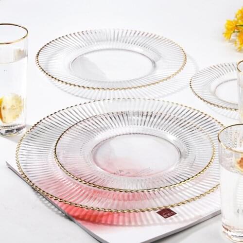 Gold Edge Glass Plates Set Champagne Glass Cup High-class Dinnerware Set Western Food Tray Transparent Fruit Dish Glass Cup 1pcs