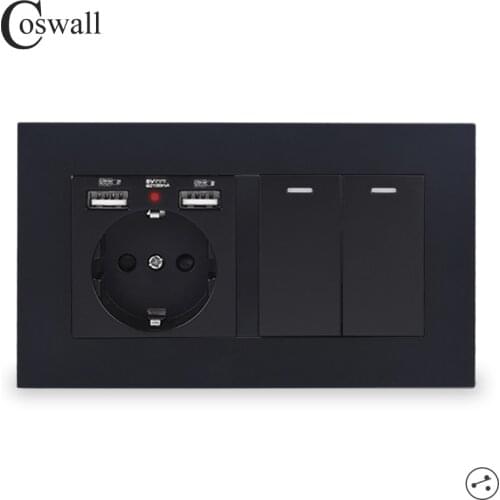 COSWALL EU Russia Spain Wall Socket With 2 USB Charge Port + 2 Gang 2 Way Pass Through On / Off Light Switch Switched PC Panel
