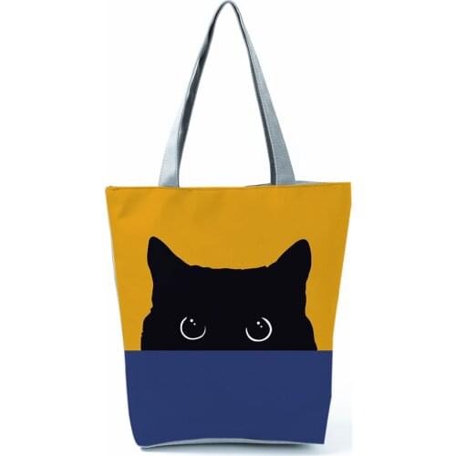 New Lady Tote Bags Black Cute Cat Printed Fabric Eco Handbag High Capacity Shopping Office Reusable Casual Yellow Shoulder Bag