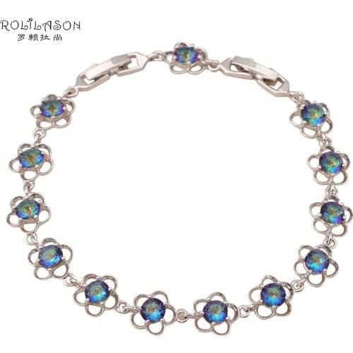 ROLILASON romantic vibe Multicolor crystal Zircon Flower design silver chain bracelet for women Wedding items TB744