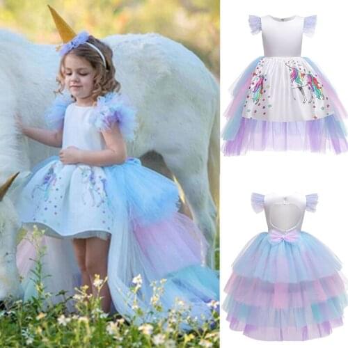Christmas Girls Unicorn Dress with Long Tail + Wings Wig Hairband Baby Girl Princess Birthday Party Ball Gown Kids Horse Clothes