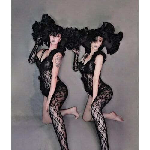 Sexy Black Flower Lace One Leg Jumpsuit Hat Valentines Day Bar Club Party Dance Outfit 3-Piece Leading Dance Costume Stage Wear