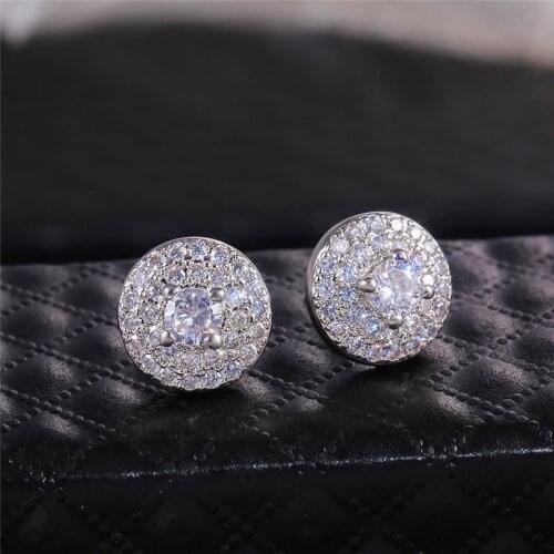 Girls Cute Crystal Round Earrings Silver Color White Zircon Stone Wedding Stud Earrings For Women Ear Studs Vintage Jewelry