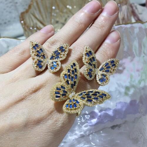 Cubic Zircon CZ Elegant Butterfly Stud Earrings for Women 14k Gold Plated Pierced Earrings Pendant Necklaces Jewelry Set