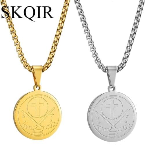 Puck Ball Pendant Necklace Silver Color Steel Chain Choker Star Cross Ice Hockey Stick Logo Jewelry for Women Sport Gift