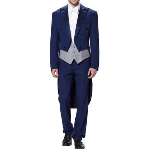 Tailor Made Blue Long Coat Wedding Suit For Men 3Pieces(Jacket+Pant+Vest+Tie) Prom Masculino Trajes De Hombre Blazer