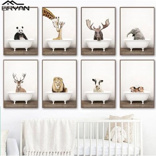 Funny Baby Animal Bathtub Nursery Wall Art Canvas Poster Giraffe Elephant Zebra Lion Alpaca Print Painting Kids Bathroom Picture