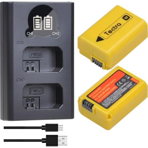 Tectra 2pc NP-FW50 Battery+LED USB Dual Charger for Sony Alpha a6500 a6300 a6000 a5000 a3000 and a7 7R a7R a7R II a7II