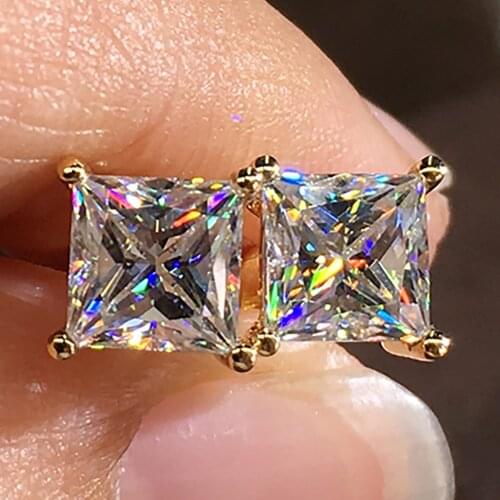 18K Au750 Gold Women Stud Earrings Moissanite Diamonds Square Princess Wedding Party Engagement Anniversary Trendy Romantic