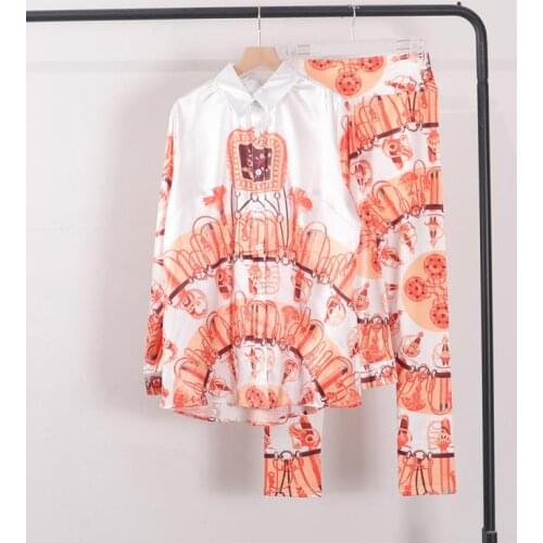 Casual Orange Print Baroque Loose Long Sleeve Button Shirt + Printed Leggings Women Fashion Two Piece Set Fall Summer Clothes